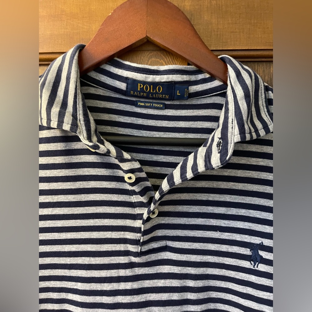 Ralph Lauren Men’s Pima Cotton Polo Large Navy and Blue Stripe